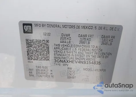 2022 Chevrolet Equinox Fwd Ls z USA, uszkodzony, nr VIN 3GNAXHEV4NS154835